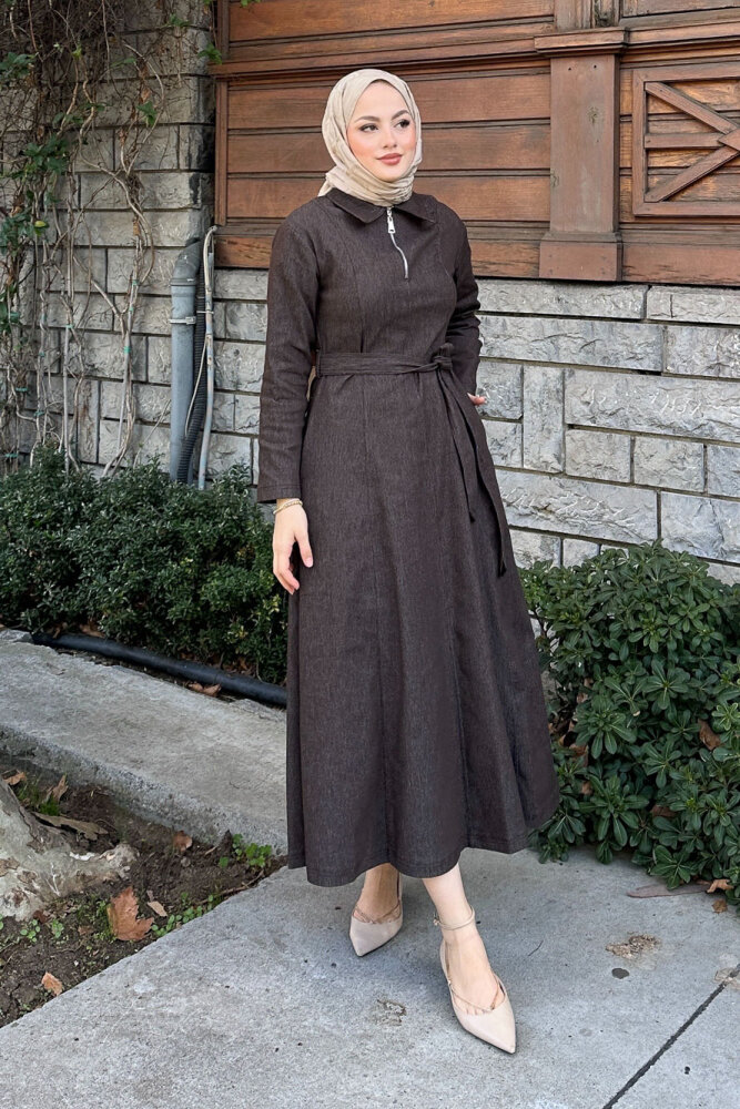 Wave Kot Elbise - Kahverengi - PUANE (1)