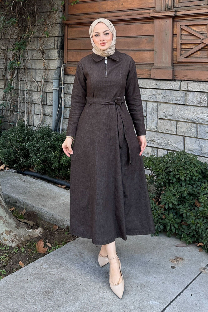 Wave Kot Elbise - Kahverengi - 5