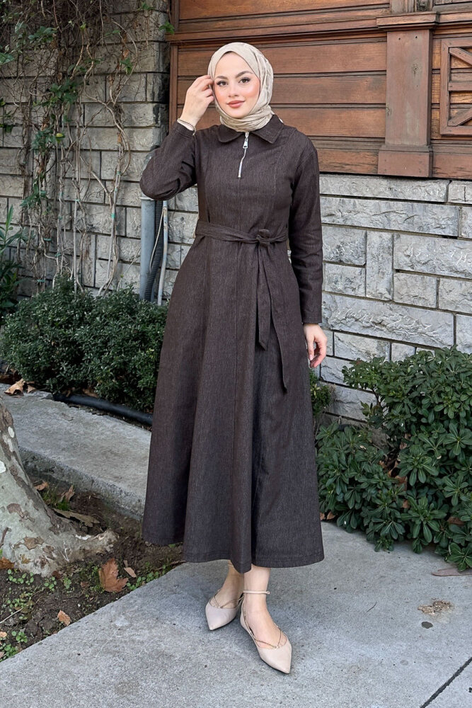 Wave Kot Elbise - Kahverengi - 1