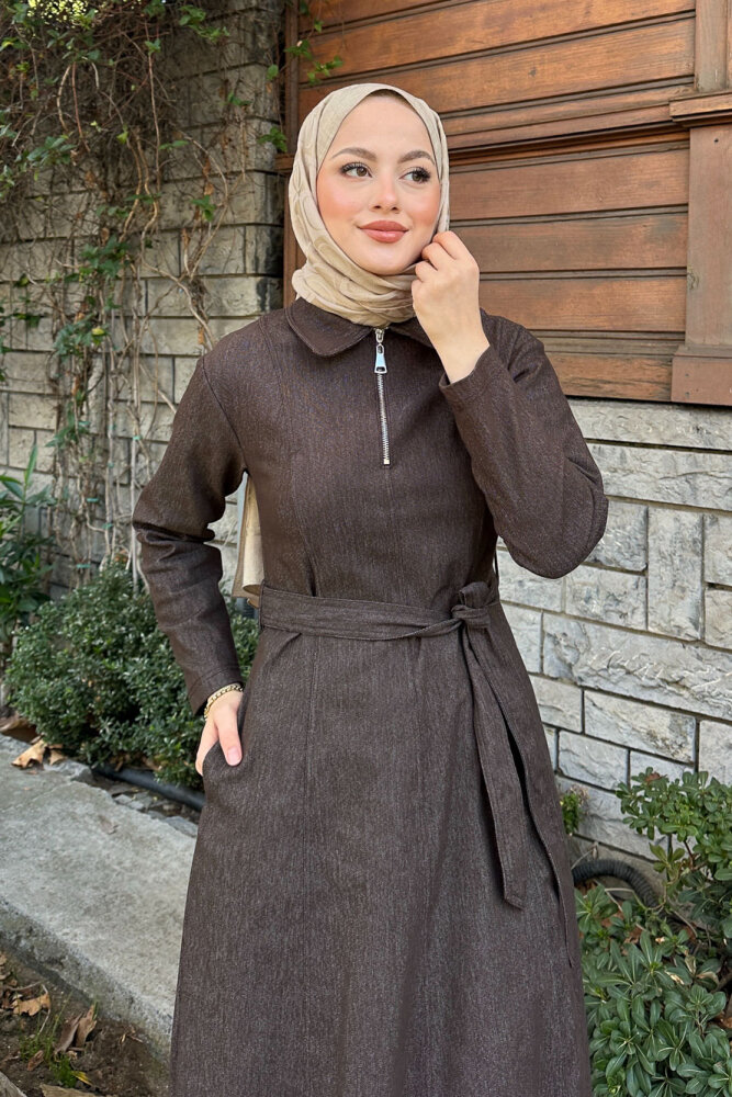 Wave Kot Elbise - Kahverengi - 3