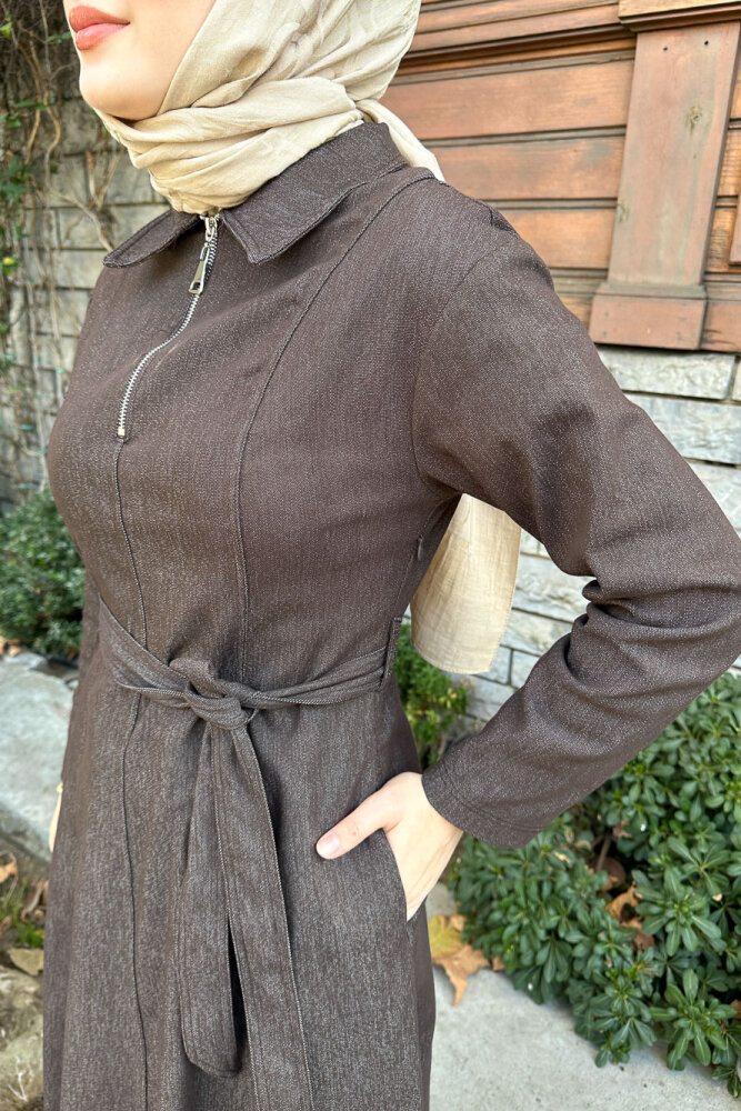 Wave Kot Elbise - Kahverengi - 4