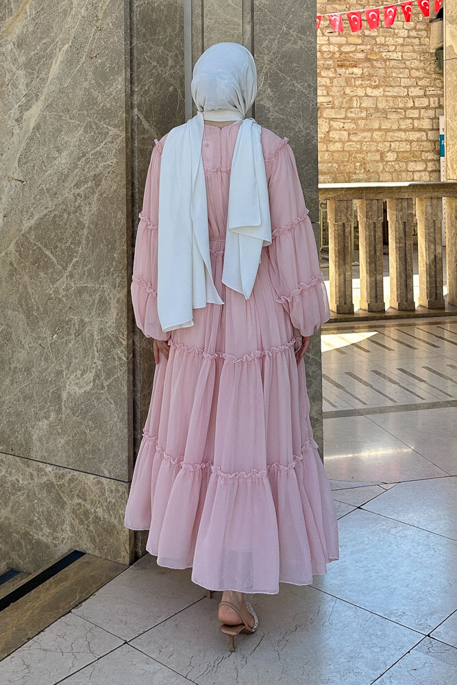 Şifon Fırfırlı Elbise - Bebek Pembe - 8