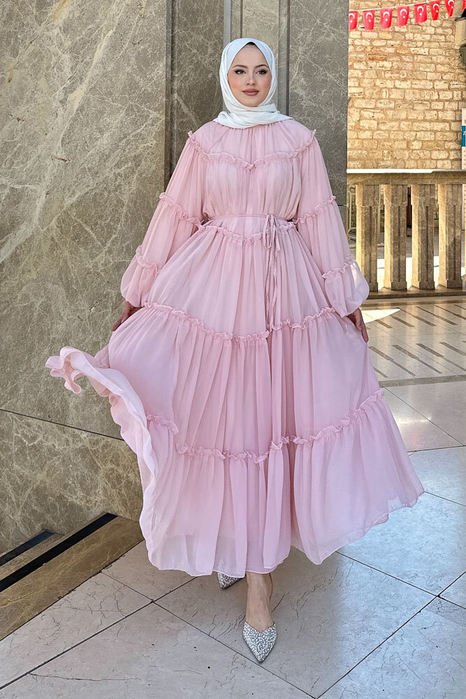 Şifon Fırfırlı Elbise - Bebek Pembe - HENZA (1)