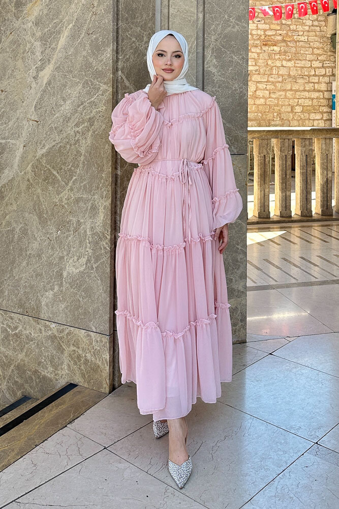 Şifon Fırfırlı Elbise - Bebek Pembe - HENZA (3)