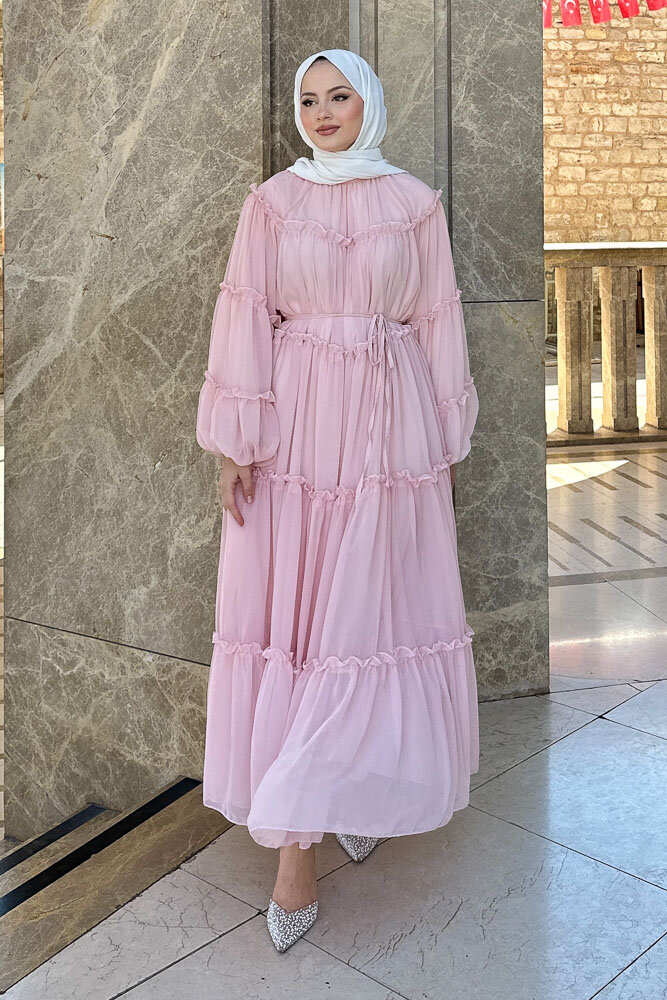 Şifon Fırfırlı Elbise - Bebek Pembe - HENZA (5)