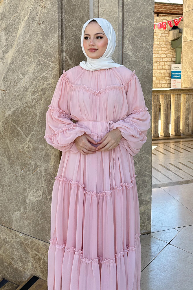 Şifon Fırfırlı Elbise - Bebek Pembe - HENZA (4)