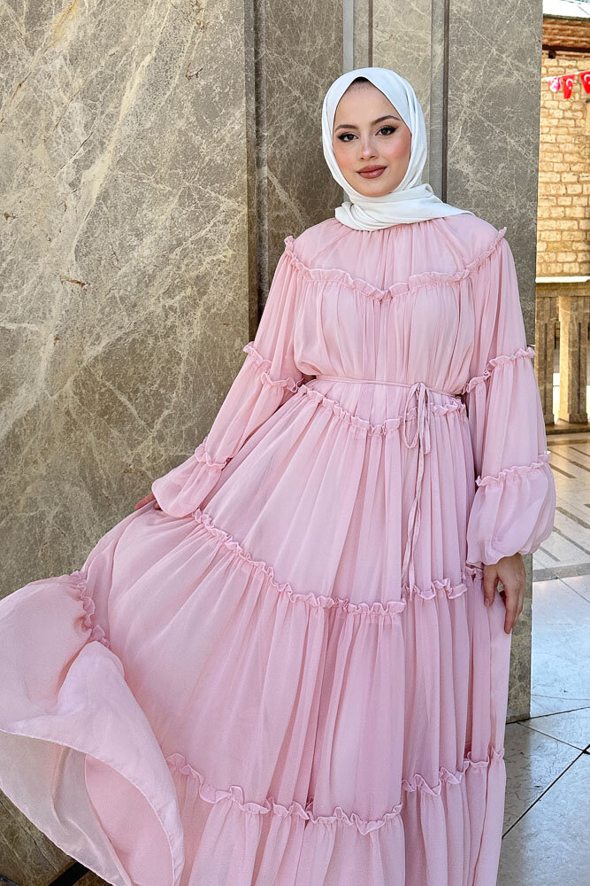 Şifon Fırfırlı Elbise - Bebek Pembe - HENZA (2)