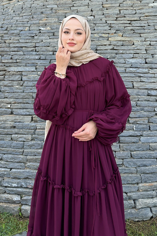 Şifon Fırfırlı Elbise - Bordo - 3