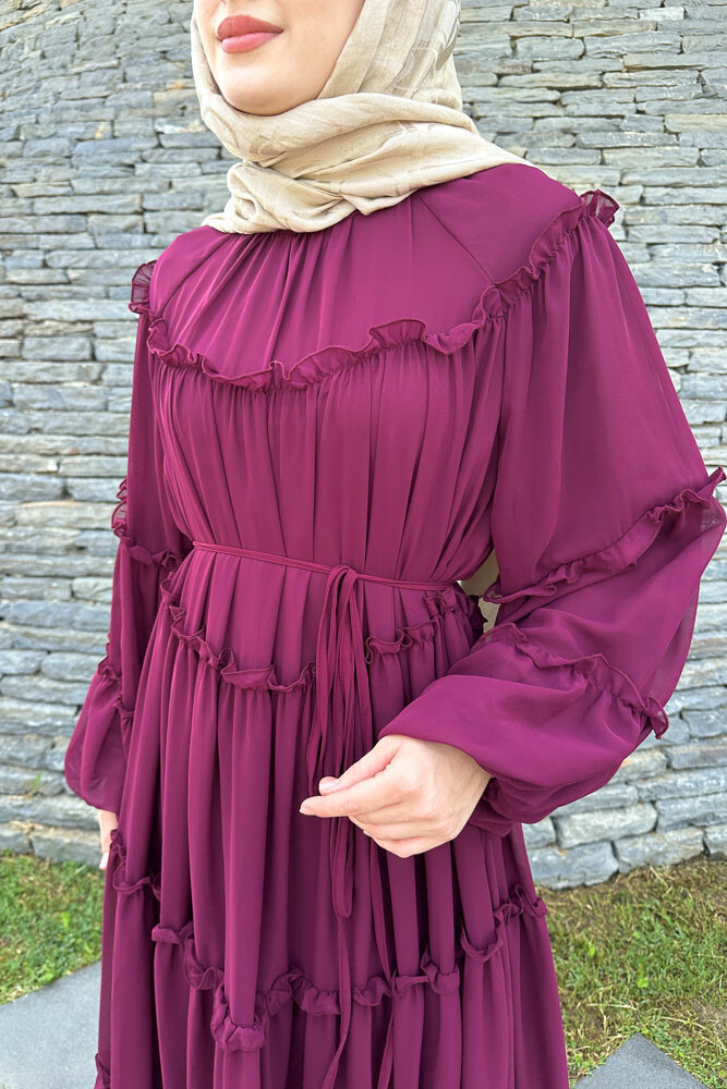 Şifon Fırfırlı Elbise - Bordo - 4
