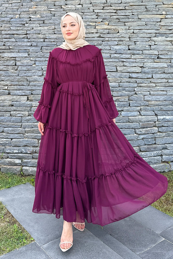 Şifon Fırfırlı Elbise - Bordo - 5