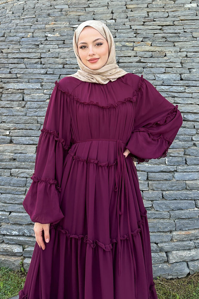 Şifon Fırfırlı Elbise - Bordo - 6