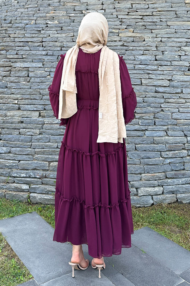 Şifon Fırfırlı Elbise - Bordo - 7