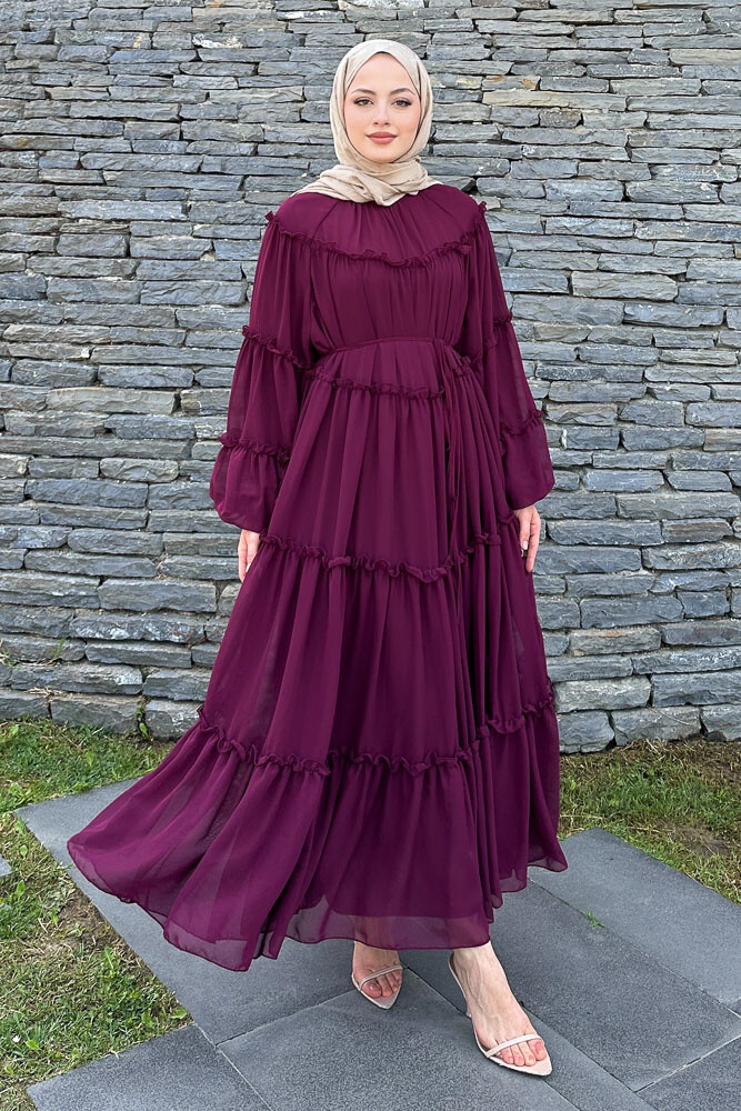Şifon Fırfırlı Elbise - Bordo - HENZA (1)
