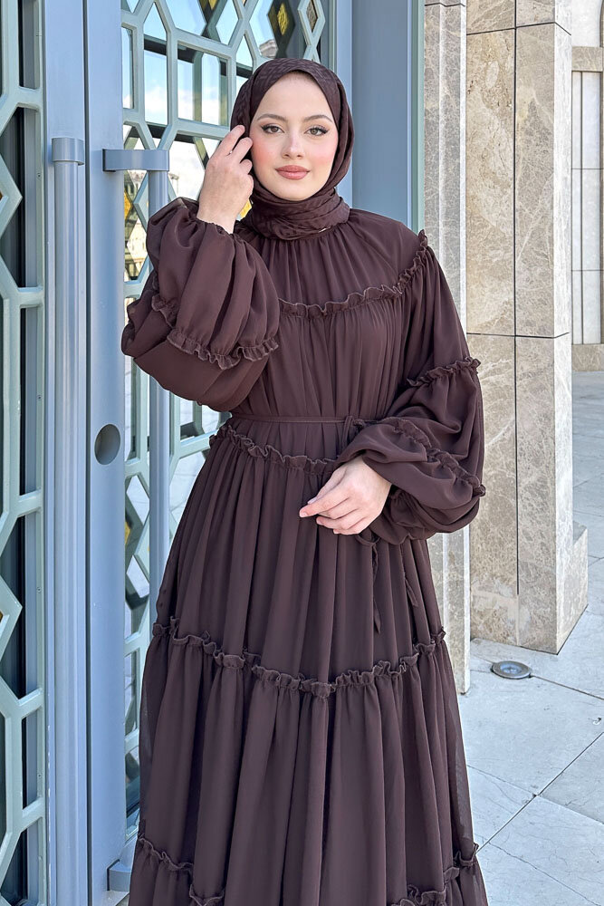 Şifon Fırfırlı Elbise - Kahverengi - 3