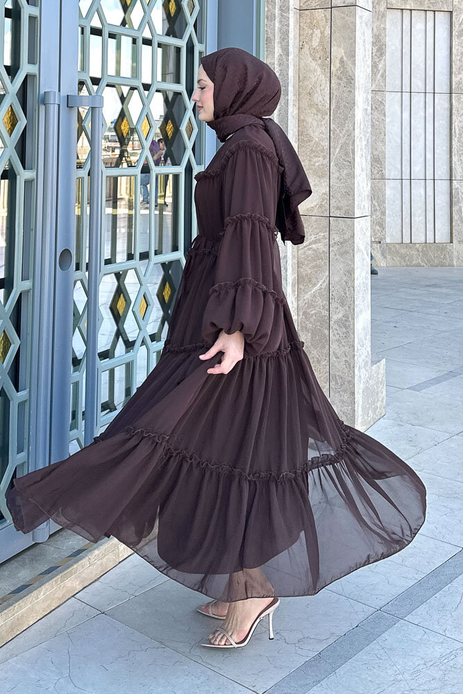 Şifon Fırfırlı Elbise - Kahverengi - 2