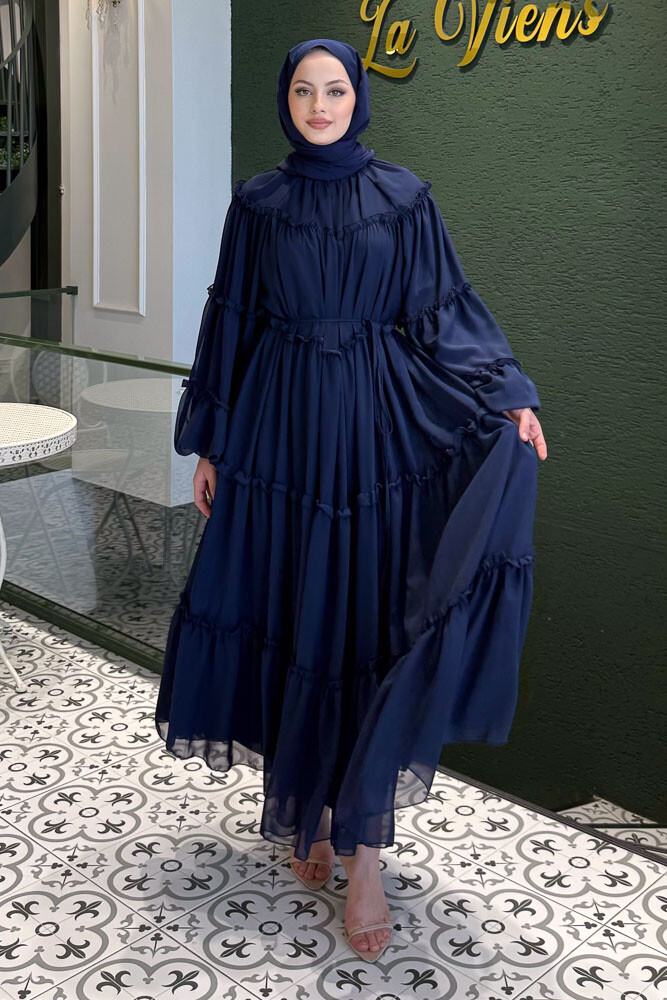 Şifon Fırfırlı Elbise - Lacivert - HENZA (2)
