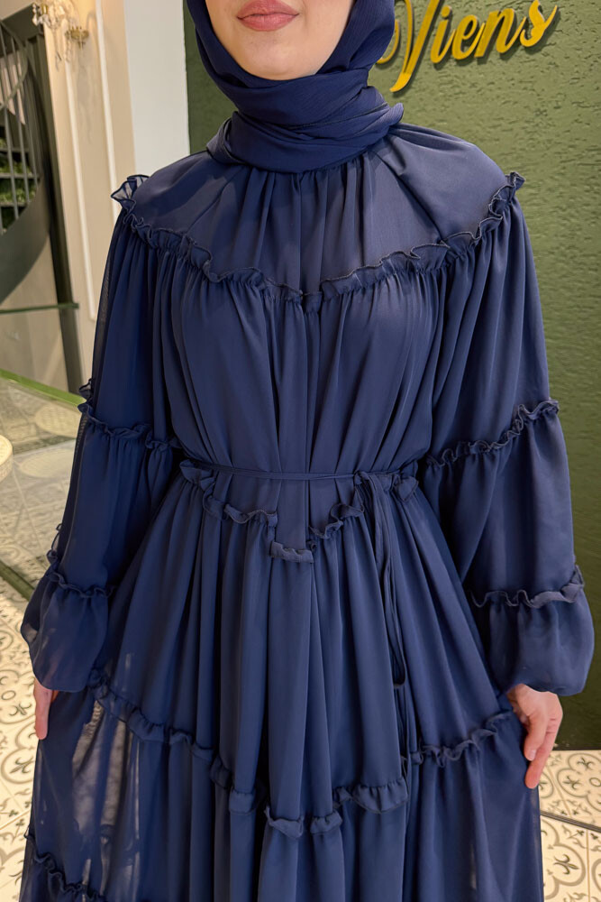 Şifon Fırfırlı Elbise - Lacivert - HENZA (4)