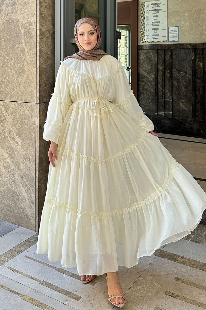 Şifon Fırfırlı Elbise - Sarı - HENZA (1)