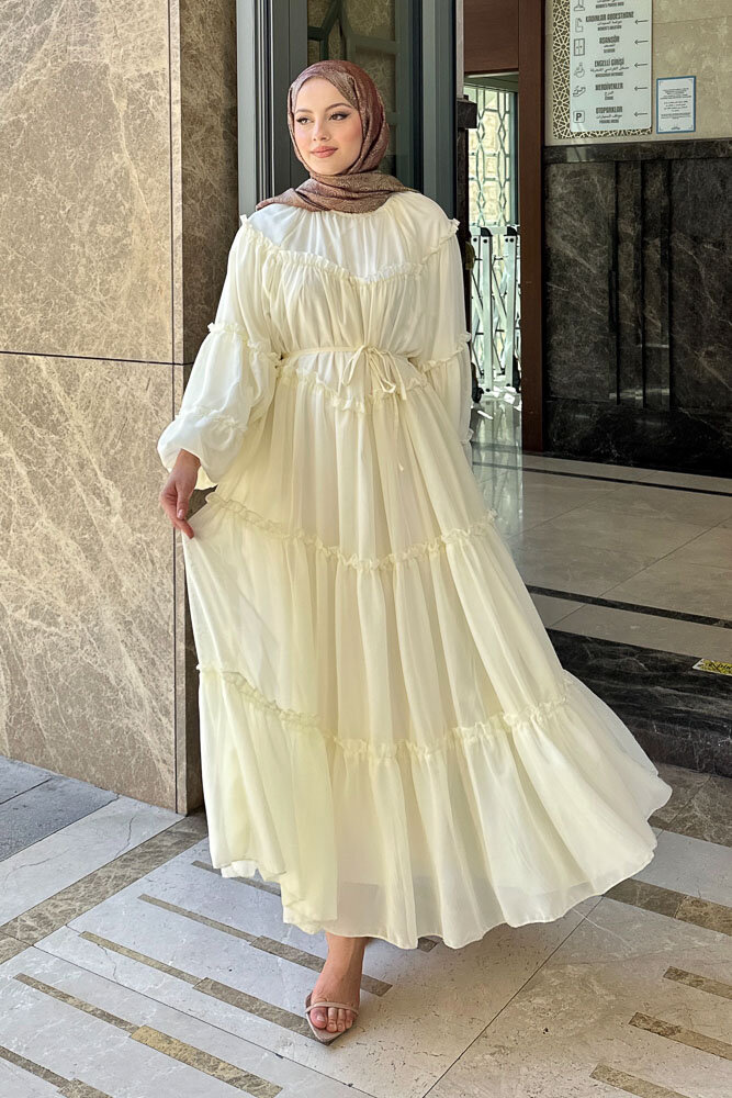 Şifon Fırfırlı Elbise - Sarı - HENZA (3)