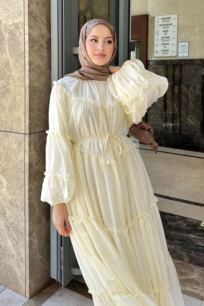 Şifon Fırfırlı Elbise - Sarı - 3