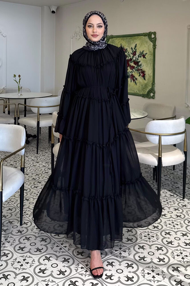 Şifon Fırfırlı Elbise - Siyah - HENZA (3)