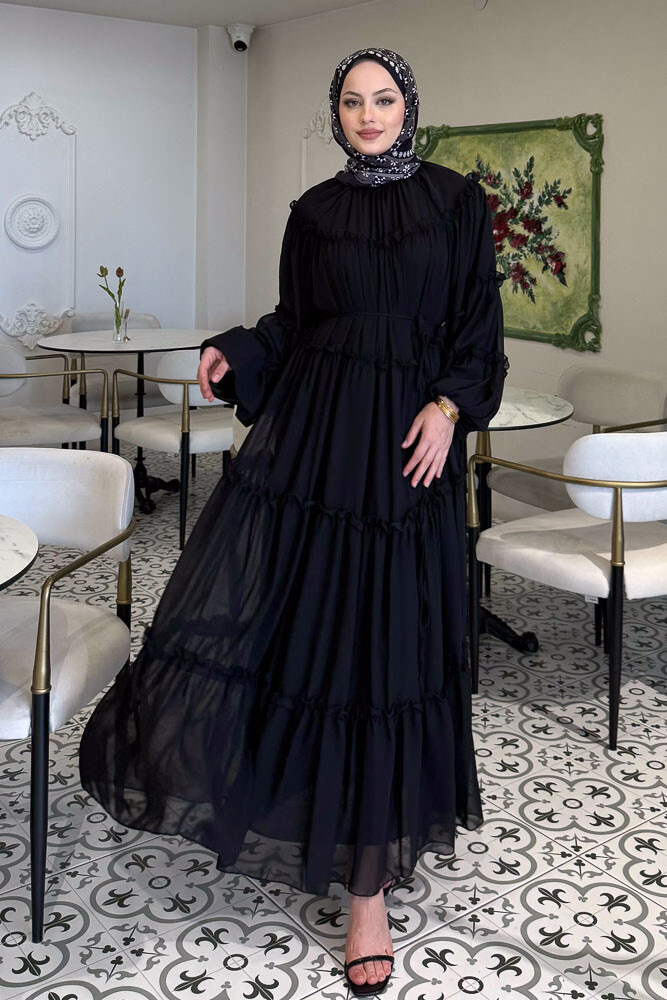 Şifon Fırfırlı Elbise - Siyah - HENZA (4)