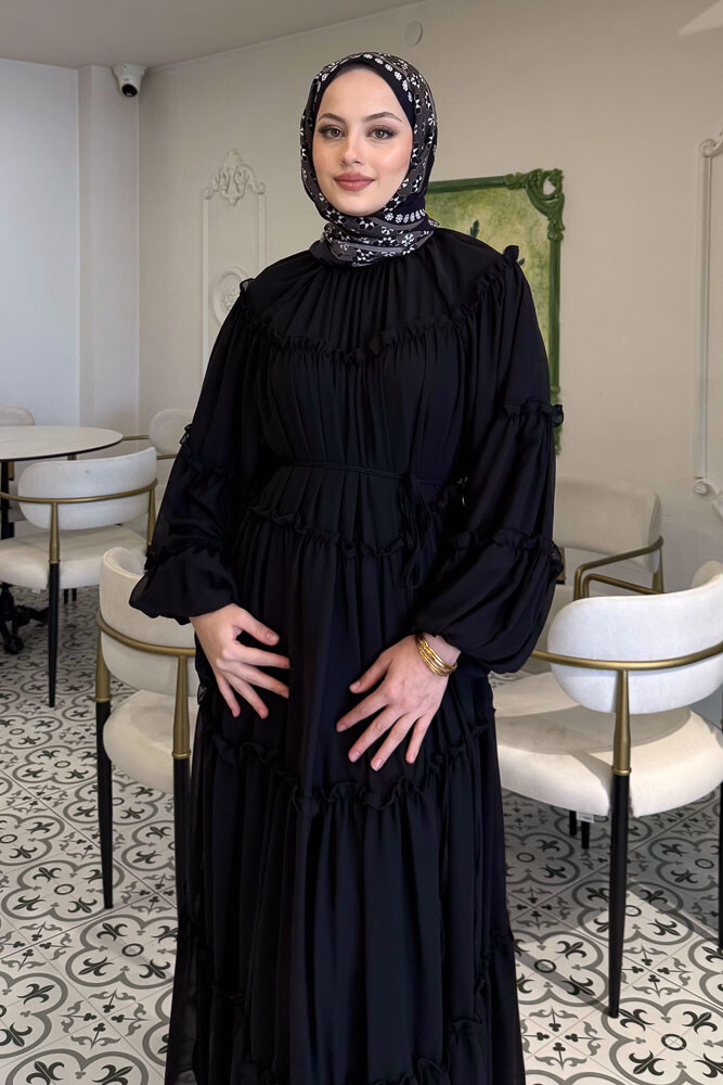 Şifon Fırfırlı Elbise - Siyah - HENZA (1)