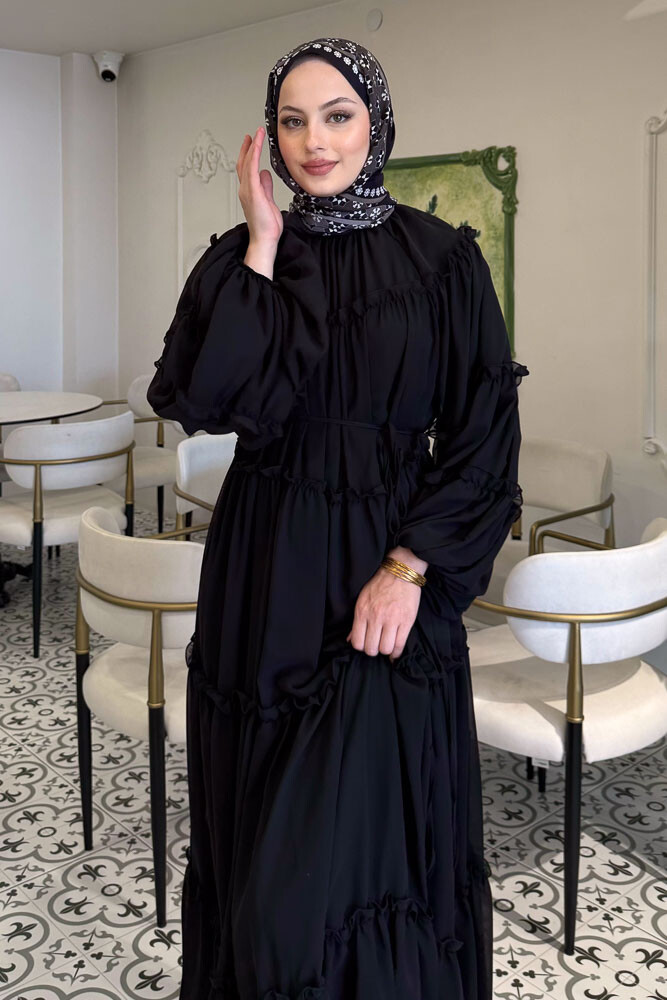 Şifon Fırfırlı Elbise - Siyah - HENZA (2)