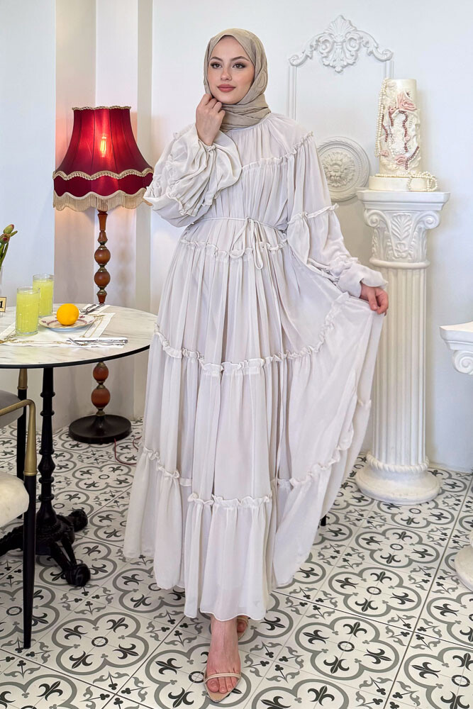 Şifon Fırfırlı Elbise - Taş Rengi - HENZA (4)