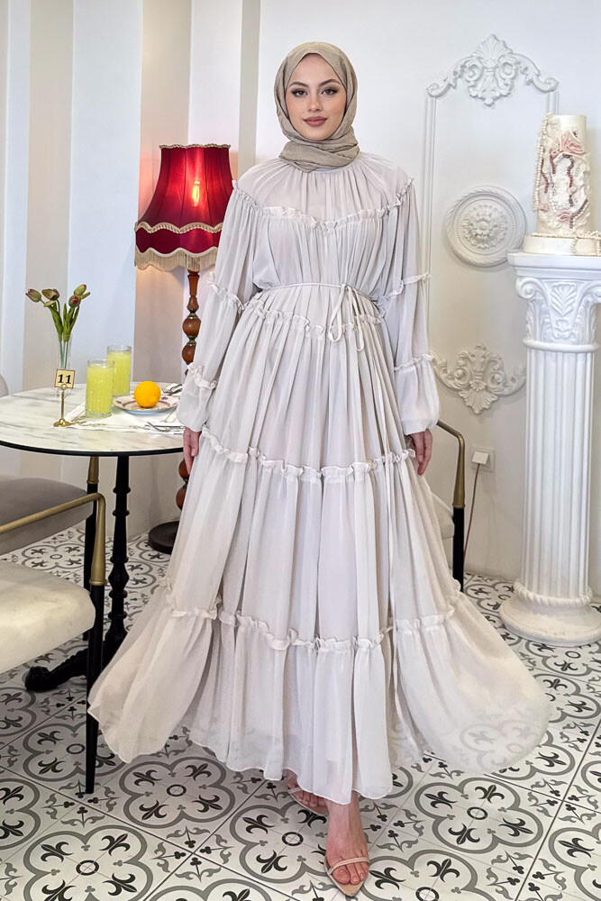 Şifon Fırfırlı Elbise - Taş Rengi - HENZA (2)