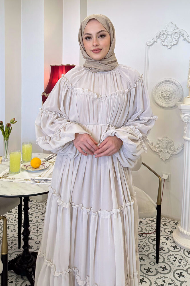 Şifon Fırfırlı Elbise - Taş Rengi - HENZA (5)