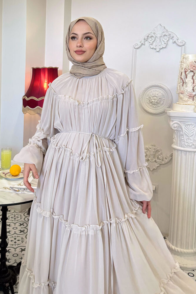 Şifon Fırfırlı Elbise - Taş Rengi - HENZA (3)