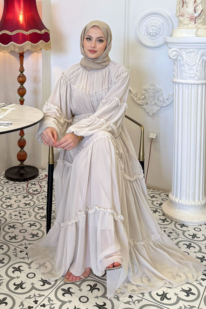 Şifon Fırfırlı Elbise - Taş Rengi - 1