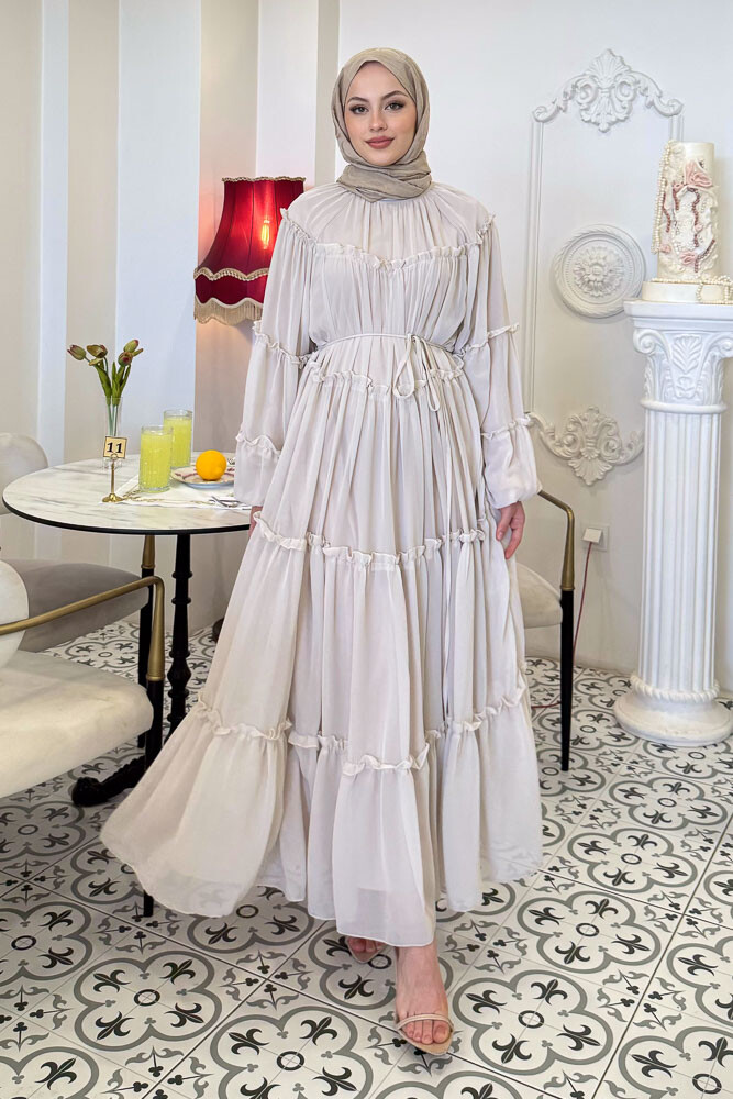 Şifon Fırfırlı Elbise - Taş Rengi - HENZA (1)