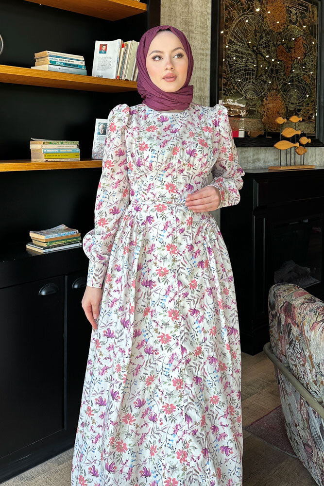 Silvia Çiçek Desenli Keten Elbise - Bej - 6