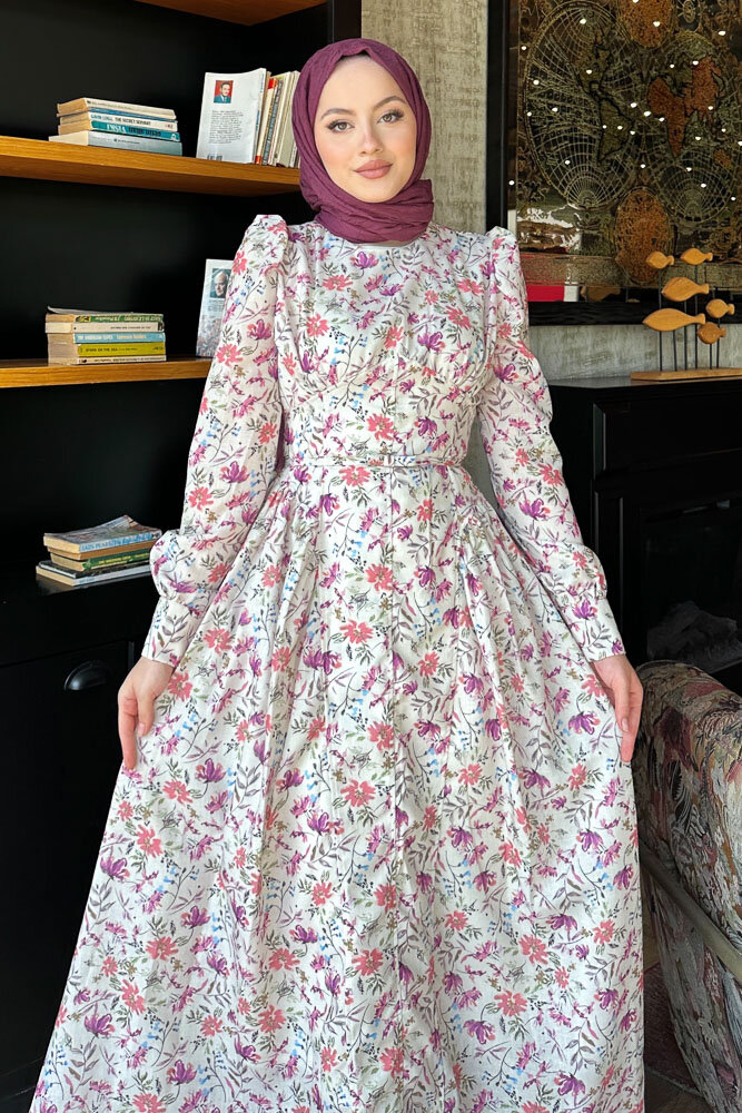 Silvia Çiçek Desenli Keten Elbise - Bej - 8