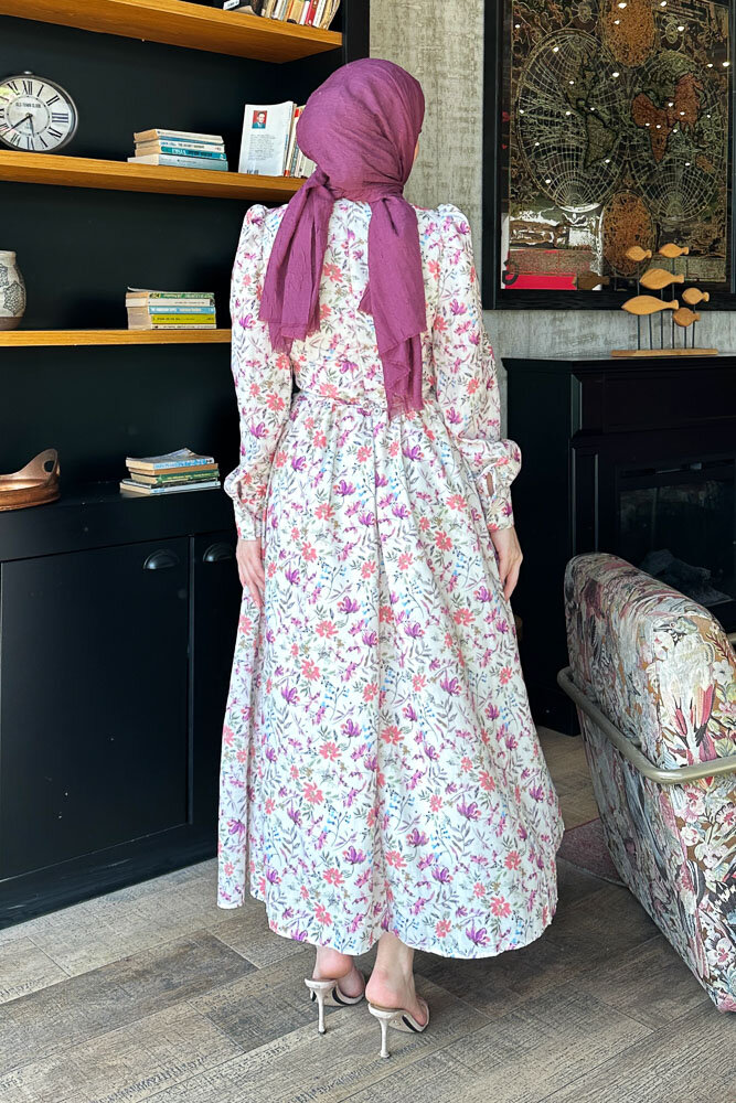Silvia Çiçek Desenli Keten Elbise - Bej - 7