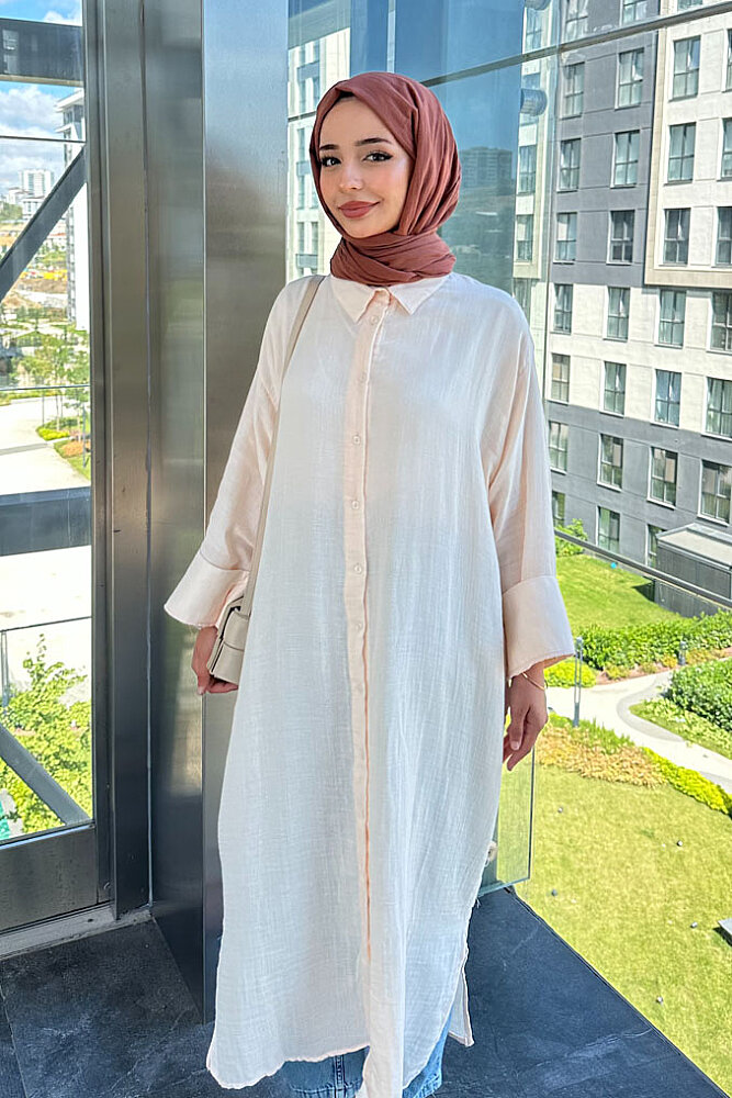 Simli Uzun Müslin Gömlek - Taş Rengi - ENMA (1)