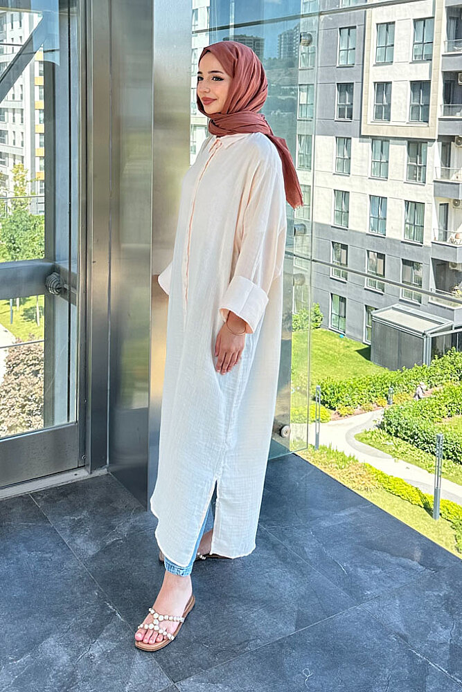 Simli Uzun Müslin Gömlek - Taş Rengi - 5