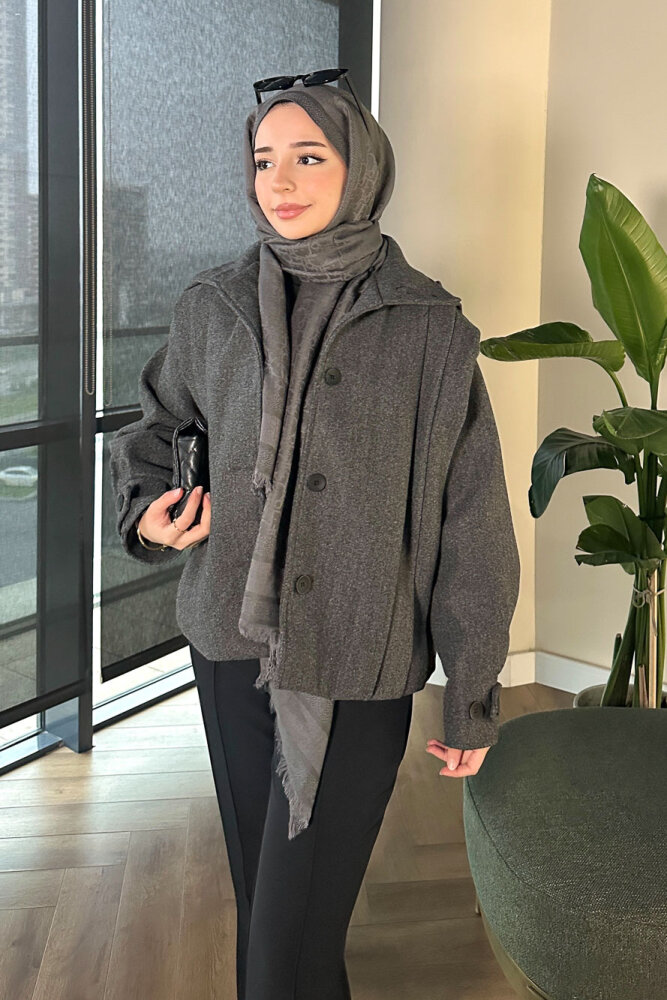 Snowfall Düğmeli Kısa Kaban - Antrasit - 2