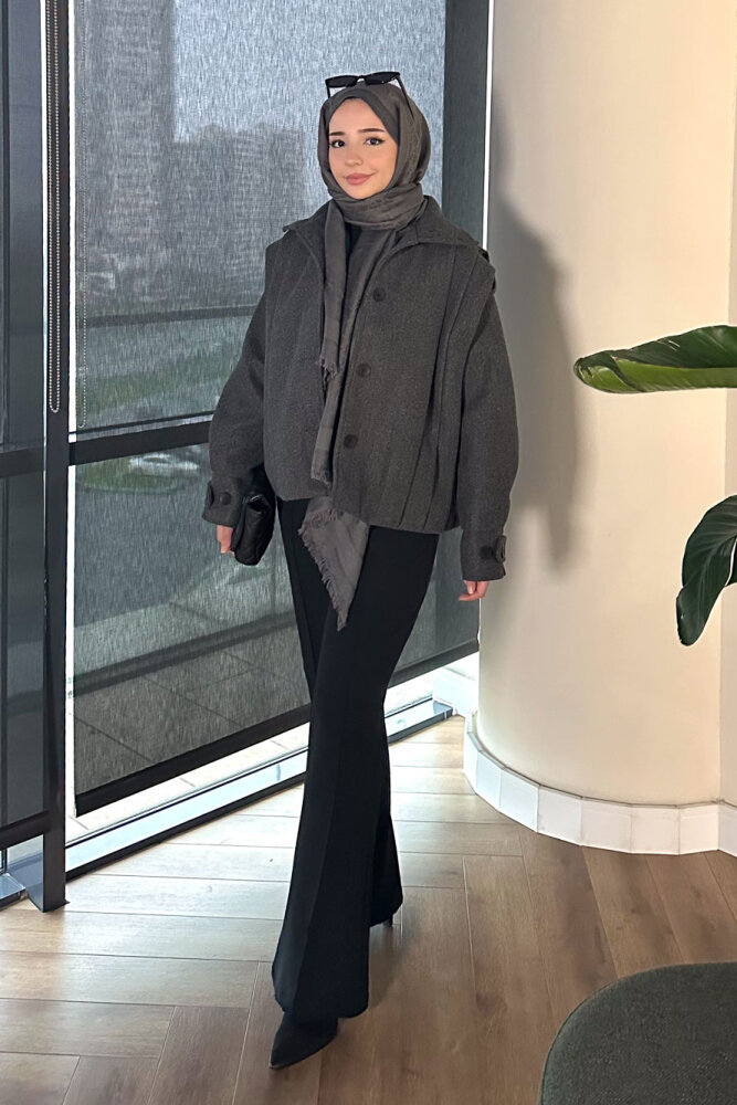 Snowfall Düğmeli Kısa Kaban - Antrasit - 3