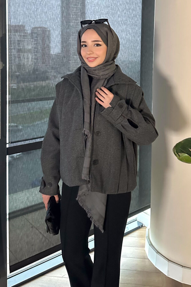 Snowfall Düğmeli Kısa Kaban - Antrasit - ALLMİSS (3)