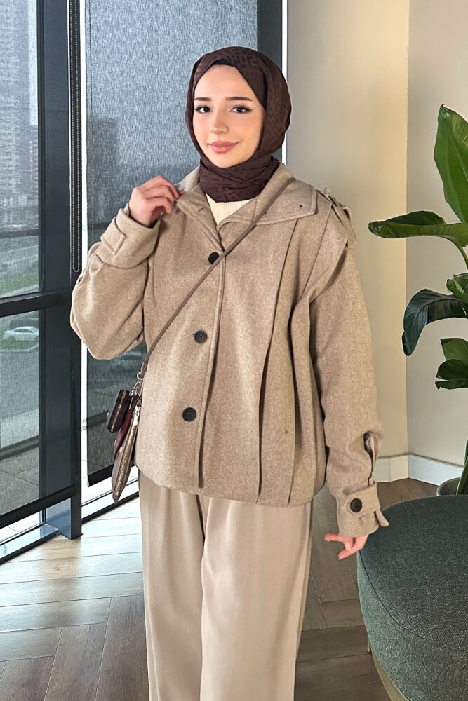 Snowfall Düğmeli Kısa Kaban - Bej - 8