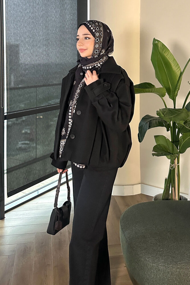 Snowfall Düğmeli Kısa Kaban - Siyah - 6