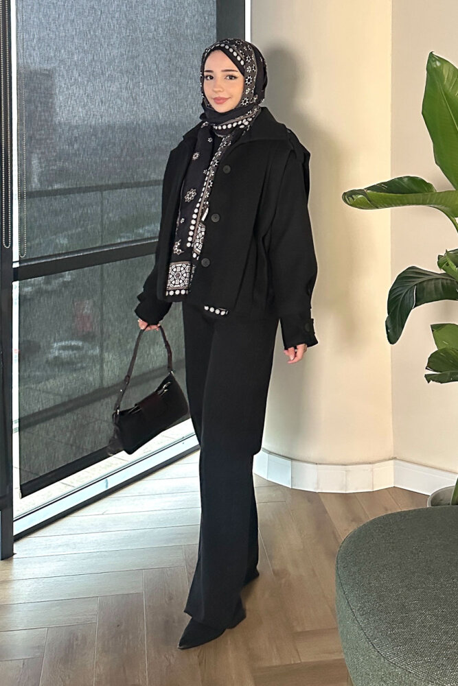 Snowfall Düğmeli Kısa Kaban - Siyah - 1