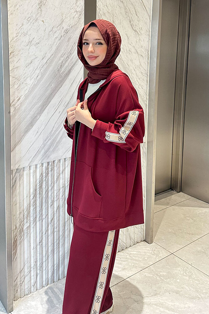 Sofia Kapüşonlu Fermuarlı Modal Eşofman Takım - Bordo - 4