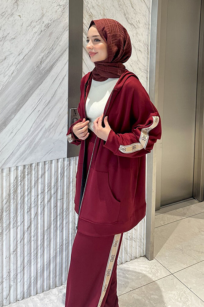 Sofia Kapüşonlu Fermuarlı Modal Eşofman Takım - Bordo - 7