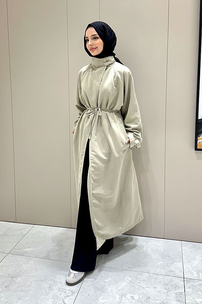 Solenne Boyun Kemerli Canvas Trenç - Bej - 6