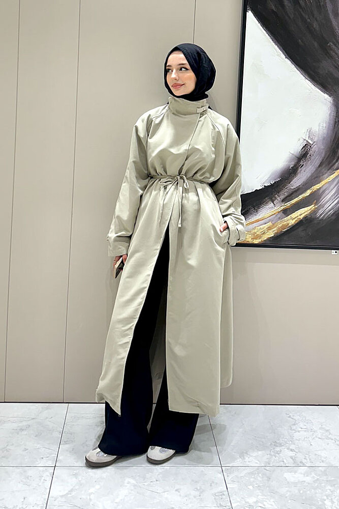 Solenne Boyun Kemerli Canvas Trenç - Bej - 2