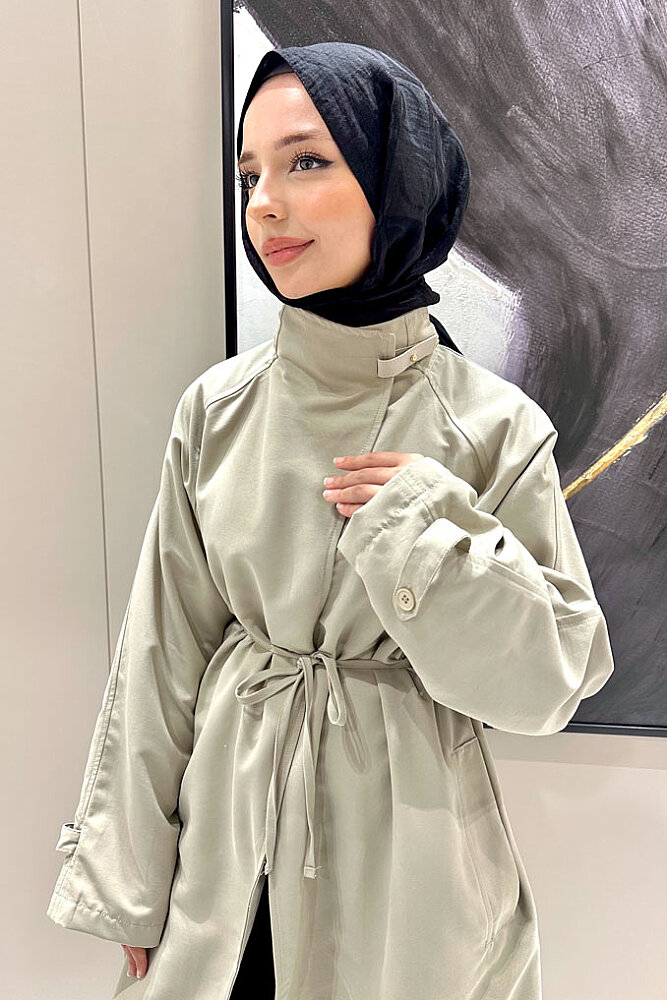 Solenne Boyun Kemerli Canvas Trenç - Bej - 5